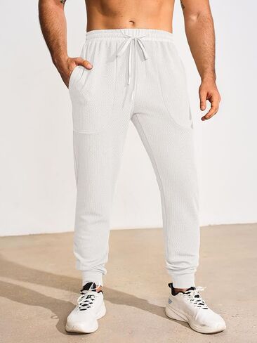Yousify Mens Sweatpants Athletic Elastic Waist Drawstring Gym Joggers Stretchy Textured Tapered Pants in Saudi Arabia