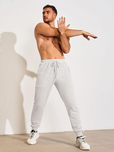 Yousify Mens Sweatpants Athletic Elastic Waist Drawstring Gym Joggers Stretchy Textured Tapered Pants in Saudi Arabia