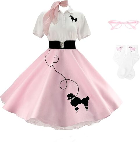 متجر Hip Hop 50's Shop 1950s تنورة البودل ، petticoat ، قميص بولو مع الملحقات ، مجموعة أزياء 7 قطعة للبالغين in Kuwait
