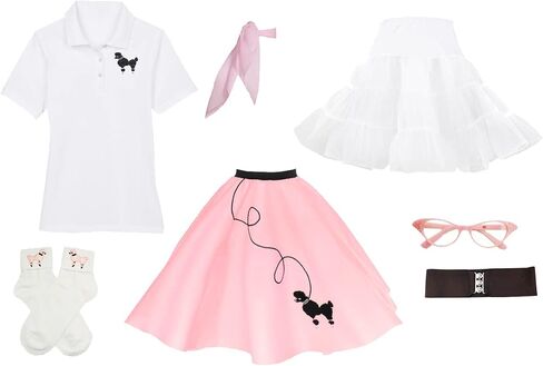 متجر Hip Hop 50's Shop 1950s تنورة البودل ، petticoat ، قميص بولو مع الملحقات ، مجموعة أزياء 7 قطعة للبالغين in Kuwait