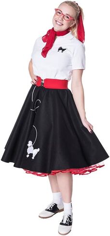 متجر Hip Hop 50's Shop 1950s تنورة البودل ، petticoat ، قميص بولو مع الملحقات ، مجموعة أزياء 7 قطعة للبالغين in Kuwait