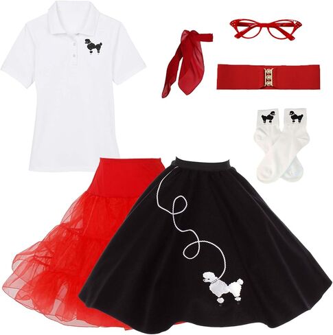 متجر Hip Hop 50's Shop 1950s تنورة البودل ، petticoat ، قميص بولو مع الملحقات ، مجموعة أزياء 7 قطعة للبالغين in Kuwait