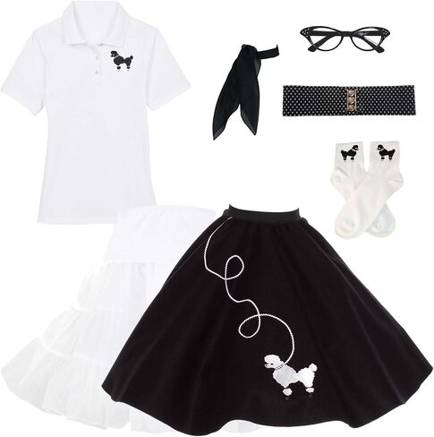 متجر Hip Hop 50's Shop 1950s تنورة البودل ، petticoat ، قميص بولو مع الملحقات ، مجموعة أزياء 7 قطعة للبالغين in Kuwait