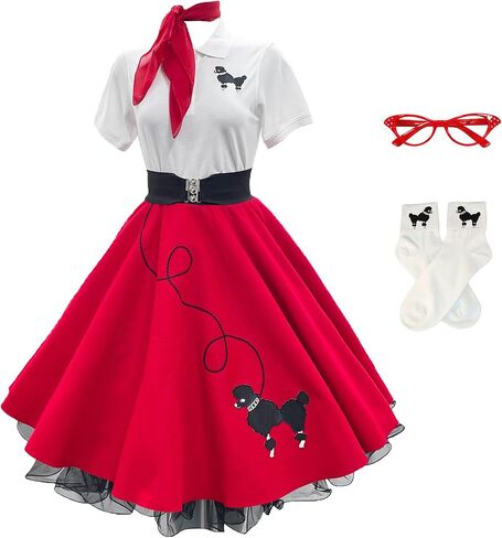 متجر Hip Hop 50's Shop 1950s تنورة البودل ، petticoat ، قميص بولو مع الملحقات ، مجموعة أزياء 7 قطعة للبالغين in Kuwait