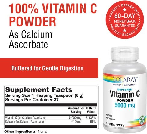 SOLARAY Vitamin C Crystalline 5000mg | Buffered Powder for Gentle Digestion | Healthy Immune Function, Collagen Synthesis & Antioxidant Support | 8 oz in Saudi Arabia