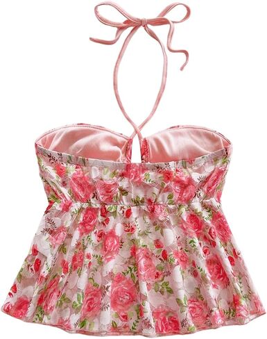 SweatyRocks Women's Floral Print Halter Top Ruffle Hem Hollow Out Swing Summer Crop Top Multicolor XS in Saudi Arabia