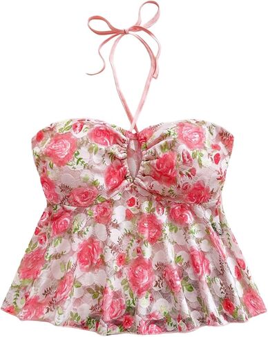 SweatyRocks Women's Floral Print Halter Top Ruffle Hem Hollow Out Swing Summer Crop Top Multicolor XS in Saudi Arabia
