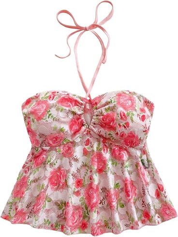 SweatyRocks Women's Floral Print Halter Top Ruffle Hem Hollow Out Swing Summer Crop Top Multicolor XS in Saudi Arabia