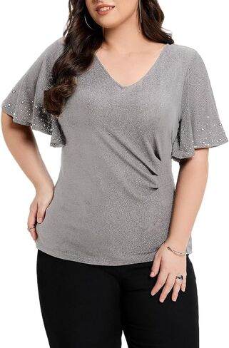 Ever-Pretty Plus Women's Short Sleeves Beading V Neck Glitter High Stretch Plus Size Summer Dressy Shirt Formal Top Blouses in Saudi Arabia