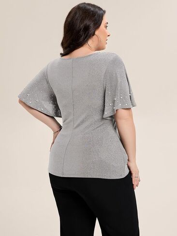 Ever-Pretty Plus Women's Short Sleeves Beading V Neck Glitter High Stretch Plus Size Summer Dressy Shirt Formal Top Blouses in Saudi Arabia