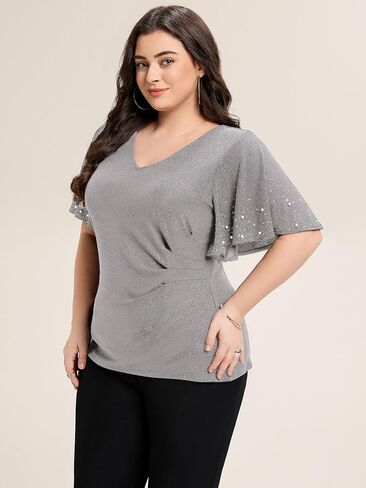 Ever-Pretty Plus Women's Short Sleeves Beading V Neck Glitter High Stretch Plus Size Summer Dressy Shirt Formal Top Blouses in Saudi Arabia