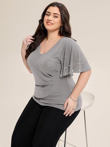 Ever-Pretty Plus Women's Short Sleeves Beading V Neck Glitter High Stretch Plus Size Summer Dressy Shirt Formal Top Blouses in Saudi Arabia
