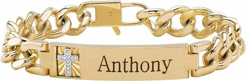 PalmBeach Men's Yellow Gold-plated Genuine Diamond Accent Personalized Cross Curb Link Bracelet (11mm), Lobster Claw Clasp, 8 inches in Saudi Arabia