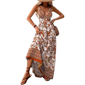 MakeMeChic Women's Summer Blue and White Floral Dress Boho Backless Maxi Sundress Spaghetti Strap Flowy Dress in Saudi Arabia