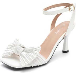 Womens Bow Knot Heeled Sandal Pleated Ankle Strap Square Toe Mid Kitten Heels Bride Wedding Party Dress Party Shoes in Kuwait