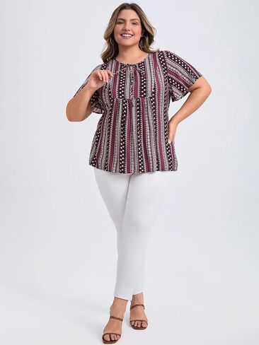 Plus Size Tops for Women Boho Print Tie Blouses Ruffle Short Sleeve Babydoll Blouse Top Casual in Saudi Arabia