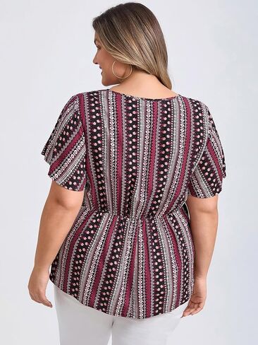 Plus Size Tops for Women Boho Print Tie Blouses Ruffle Short Sleeve Babydoll Blouse Top Casual in Saudi Arabia