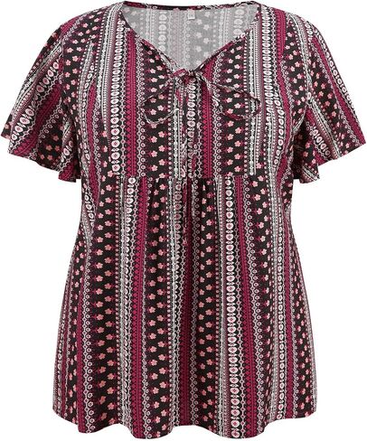 Plus Size Tops for Women Boho Print Tie Blouses Ruffle Short Sleeve Babydoll Blouse Top Casual in Saudi Arabia