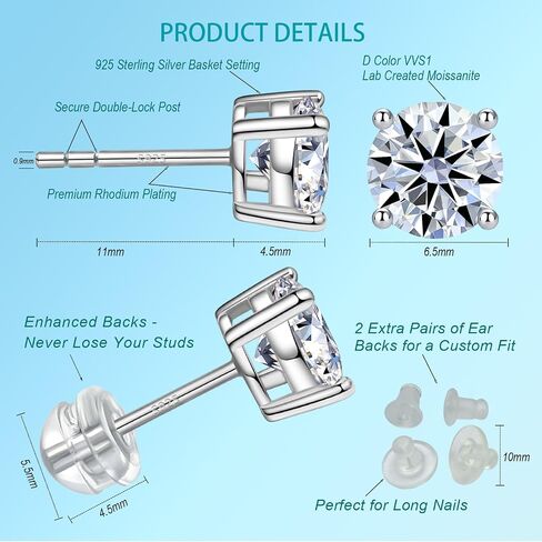 أقراط مسمار مويسانيت ، مختبر تم إنشاؤه D VVS1 Round Cut ، 925 Sterling Silver Rhodium ، هدايا للمجوهرات للنساء الرجال in Kuwait
