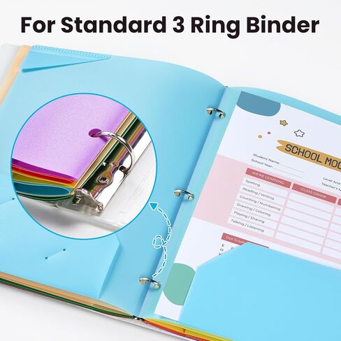 Sooez Plastic 3 Hole Punch Folders with Reference Guide, 5 Pack Heavy Duty 4 Pocket Folders with Holes, Folders with Pockets 3 Hole Punched, Stores Well in 3-Ring Binders, 5 Primary Colors in Saudi Arabia