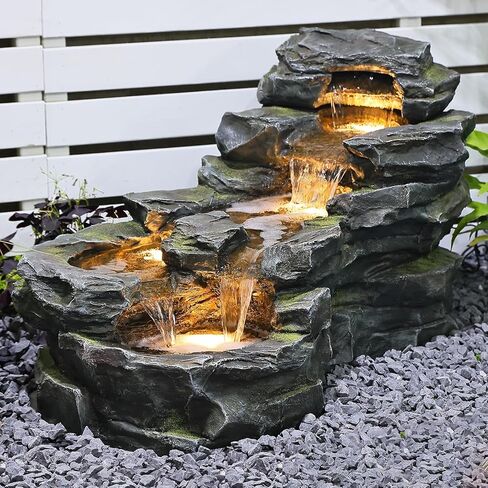 37 "L Garden في الهواء الطلق نافورة مياه ، أرضية تقف 5-صخرة الصخور الطبيعية شلالات في الهواء الطلق مع مصابيح LED للفناء ، الشرفة ، ديكور الفن المنزلي in Kuwait