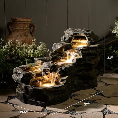37 "L Garden في الهواء الطلق نافورة مياه ، أرضية تقف 5-صخرة الصخور الطبيعية شلالات في الهواء الطلق مع مصابيح LED للفناء ، الشرفة ، ديكور الفن المنزلي in Kuwait