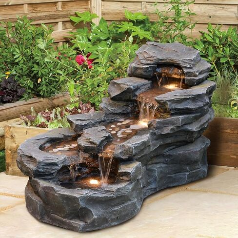37 "L Garden في الهواء الطلق نافورة مياه ، أرضية تقف 5-صخرة الصخور الطبيعية شلالات في الهواء الطلق مع مصابيح LED للفناء ، الشرفة ، ديكور الفن المنزلي in Kuwait