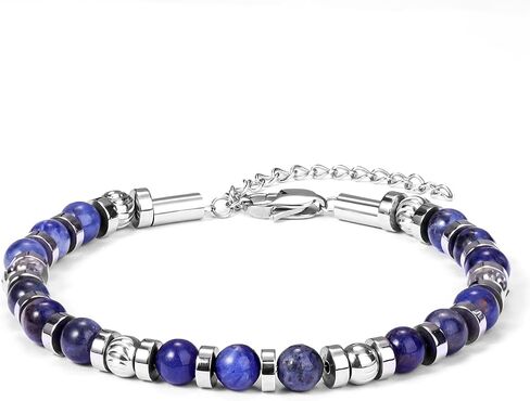 Stainless Steel Beaded Bracelets for Men: 6MM Natural Stone Beads Mens Bracelet Silver Crystal Jewelry Bring Luck Prosperity - Cool Anniversary Birthday Gifts for Men Him Man Boyfriend Son Dad in Saudi Arabia