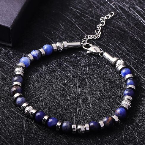 Stainless Steel Beaded Bracelets for Men: 6MM Natural Stone Beads Mens Bracelet Silver Crystal Jewelry Bring Luck Prosperity - Cool Anniversary Birthday Gifts for Men Him Man Boyfriend Son Dad in Saudi Arabia