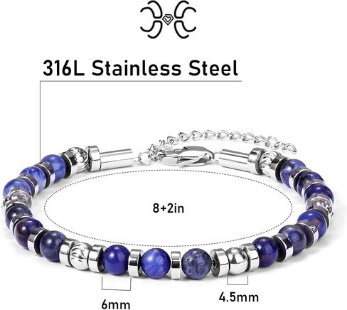 Stainless Steel Beaded Bracelets for Men: 6MM Natural Stone Beads Mens Bracelet Silver Crystal Jewelry Bring Luck Prosperity - Cool Anniversary Birthday Gifts for Men Him Man Boyfriend Son Dad in Saudi Arabia