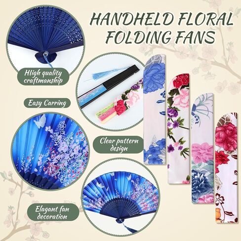Zonon 4 Pack Handheld Floral Folding Fans Hand Held Fans Silk Bamboo Fans with Tassel Women Hollowed Hand Foldable Fan with Fabric Sleeve for Dancing Wedding Decoration Women Gifts (Vintage Color) in Saudi Arabia