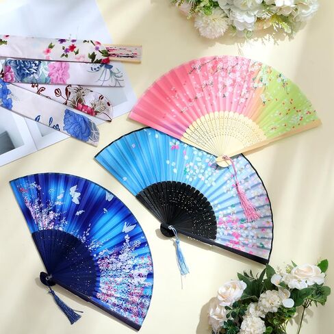 Zonon 4 Pack Handheld Floral Folding Fans Hand Held Fans Silk Bamboo Fans with Tassel Women Hollowed Hand Foldable Fan with Fabric Sleeve for Dancing Wedding Decoration Women Gifts (Vintage Color) in Saudi Arabia