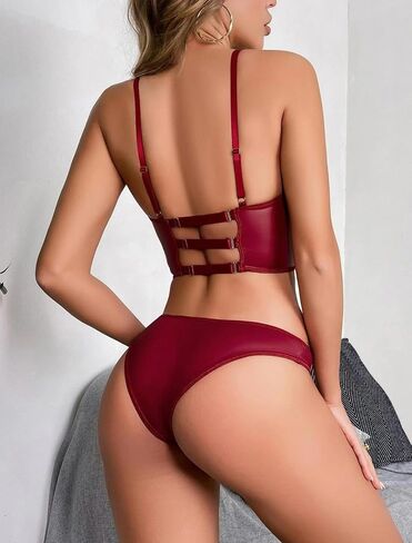 Women's Lingerie Sets Leather Sexy Bra and Panty Sets For Women Lace Up Underwire with Front Zipper in Kuwait