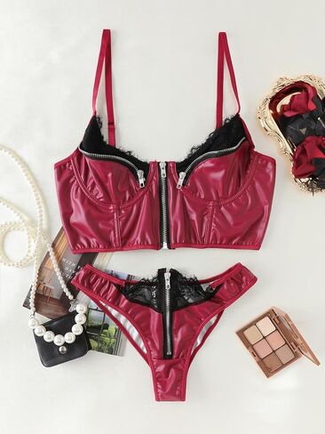 Women's Lingerie Sets Leather Sexy Bra and Panty Sets For Women Lace Up Underwire with Front Zipper in Kuwait