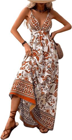 MakeMeChic Women's Summer Blue and White Floral Dress Boho Backless Maxi Sundress Spaghetti Strap Flowy Dress in Saudi Arabia