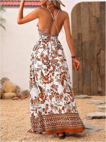 MakeMeChic Women's Summer Blue and White Floral Dress Boho Backless Maxi Sundress Spaghetti Strap Flowy Dress in Saudi Arabia