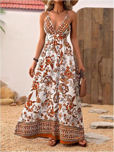 MakeMeChic Women's Summer Blue and White Floral Dress Boho Backless Maxi Sundress Spaghetti Strap Flowy Dress in Saudi Arabia