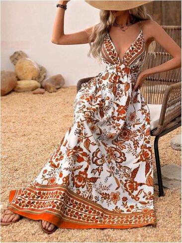 MakeMeChic Women's Summer Blue and White Floral Dress Boho Backless Maxi Sundress Spaghetti Strap Flowy Dress in Saudi Arabia