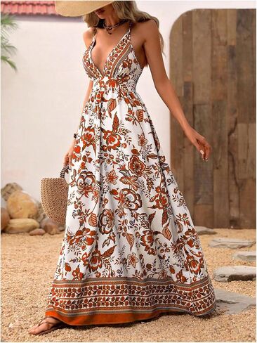 MakeMeChic Women's Summer Blue and White Floral Dress Boho Backless Maxi Sundress Spaghetti Strap Flowy Dress in Saudi Arabia