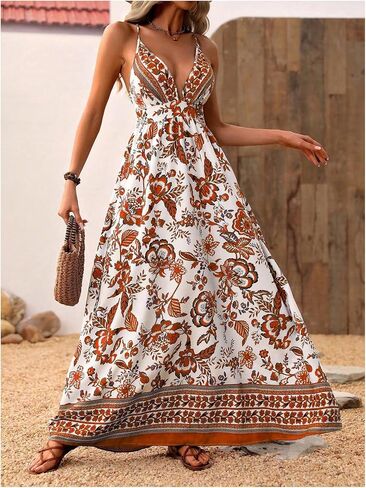 MakeMeChic Women's Summer Blue and White Floral Dress Boho Backless Maxi Sundress Spaghetti Strap Flowy Dress in Saudi Arabia