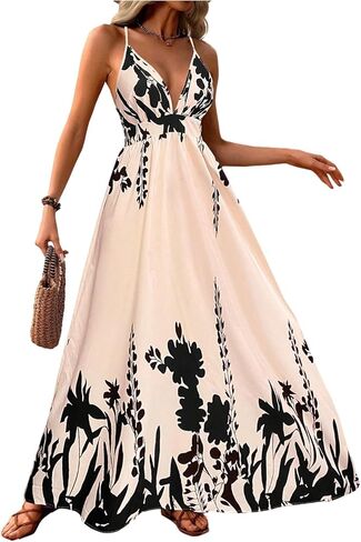 MakeMeChic Women's Summer Blue and White Floral Dress Boho Backless Maxi Sundress Spaghetti Strap Flowy Dress in Saudi Arabia