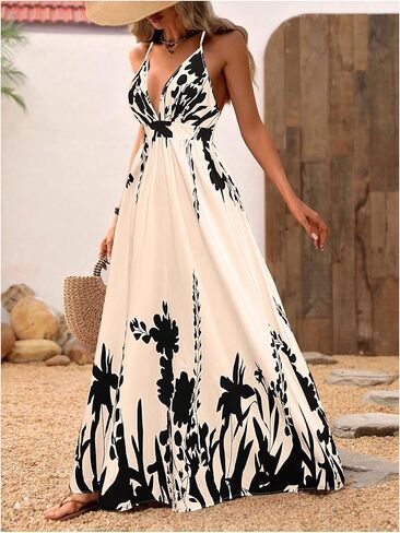 MakeMeChic Women's Summer Blue and White Floral Dress Boho Backless Maxi Sundress Spaghetti Strap Flowy Dress in Saudi Arabia