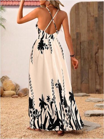 MakeMeChic Women's Summer Blue and White Floral Dress Boho Backless Maxi Sundress Spaghetti Strap Flowy Dress in Saudi Arabia