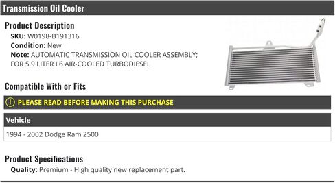 Automatic Transmission Cooler Assembly - Compatible with 1994-2002 Dodge Ram 2500 5.9L 6-Cylinder Turbo Diesel in Kuwait