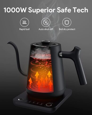 Gooseneck Electric Tea Kettle Pour-Over Kettle for Coffee, with 5 Variable Presets, 100% Stainless Steel Inner, with Keep Warm and Mute Function 0.8L, 1000W Quick Heating, Matte white in Saudi Arabia