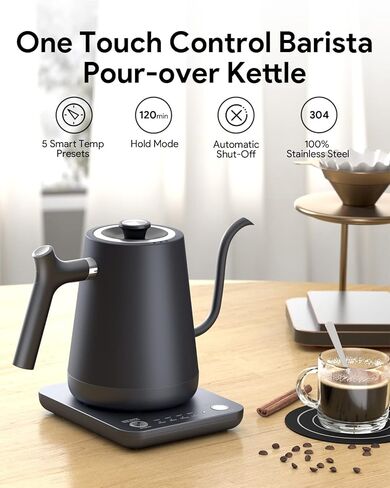 Gooseneck Electric Tea Kettle Pour-Over Kettle for Coffee, with 5 Variable Presets, 100% Stainless Steel Inner, with Keep Warm and Mute Function 0.8L, 1000W Quick Heating, Matte white in Saudi Arabia