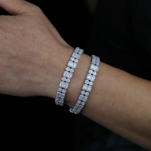14K Gold Over S925 Tennis Bracelet, Hip-Hop Style Round Square Bracelet, Emerald Cut Moissanite Bracelet, Couple Bracelet - Fashionable Couple Outfit, Moissanite Shines Brightly, Perfect for Holiday Celebrations,Fathers Day From Wife in Saudi Arabia