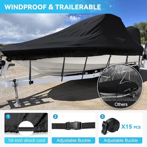 Wake Tower Boat Cover,1200D Marine Heavy Duty Waterproof Boat Cover,Fits V-Hull Bow Runabout Ski Boats, 23-25ft, Black in Kuwait