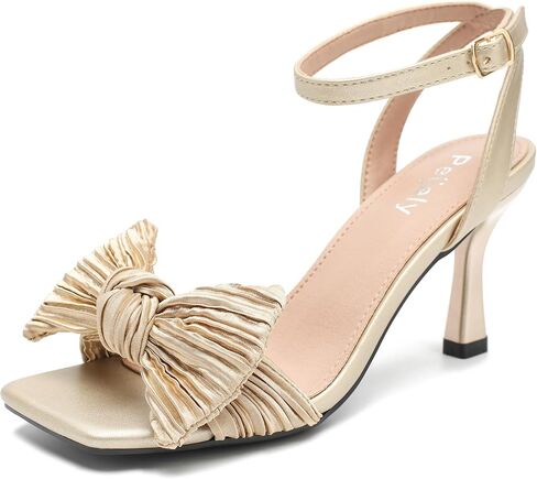 Womens Bow Knot Heeled Sandal Pleated Ankle Strap Square Toe Mid Kitten Heels Bride Wedding Party Dress Party Shoes in Kuwait