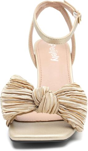 Womens Bow Knot Heeled Sandal Pleated Ankle Strap Square Toe Mid Kitten Heels Bride Wedding Party Dress Party Shoes in Kuwait
